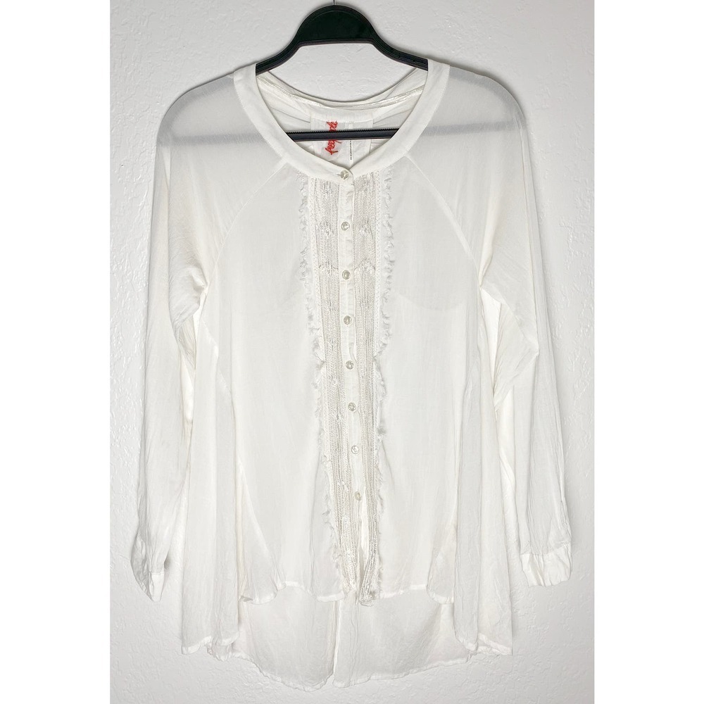 Free People Women's White Button Front Ruffle Tunic Open Back Embroider Accent